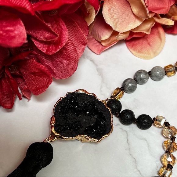 Natural Stone Necklace with Gold Dipped Hematite Geode Druzy Pendant & Tassel - Picture 10 of 16